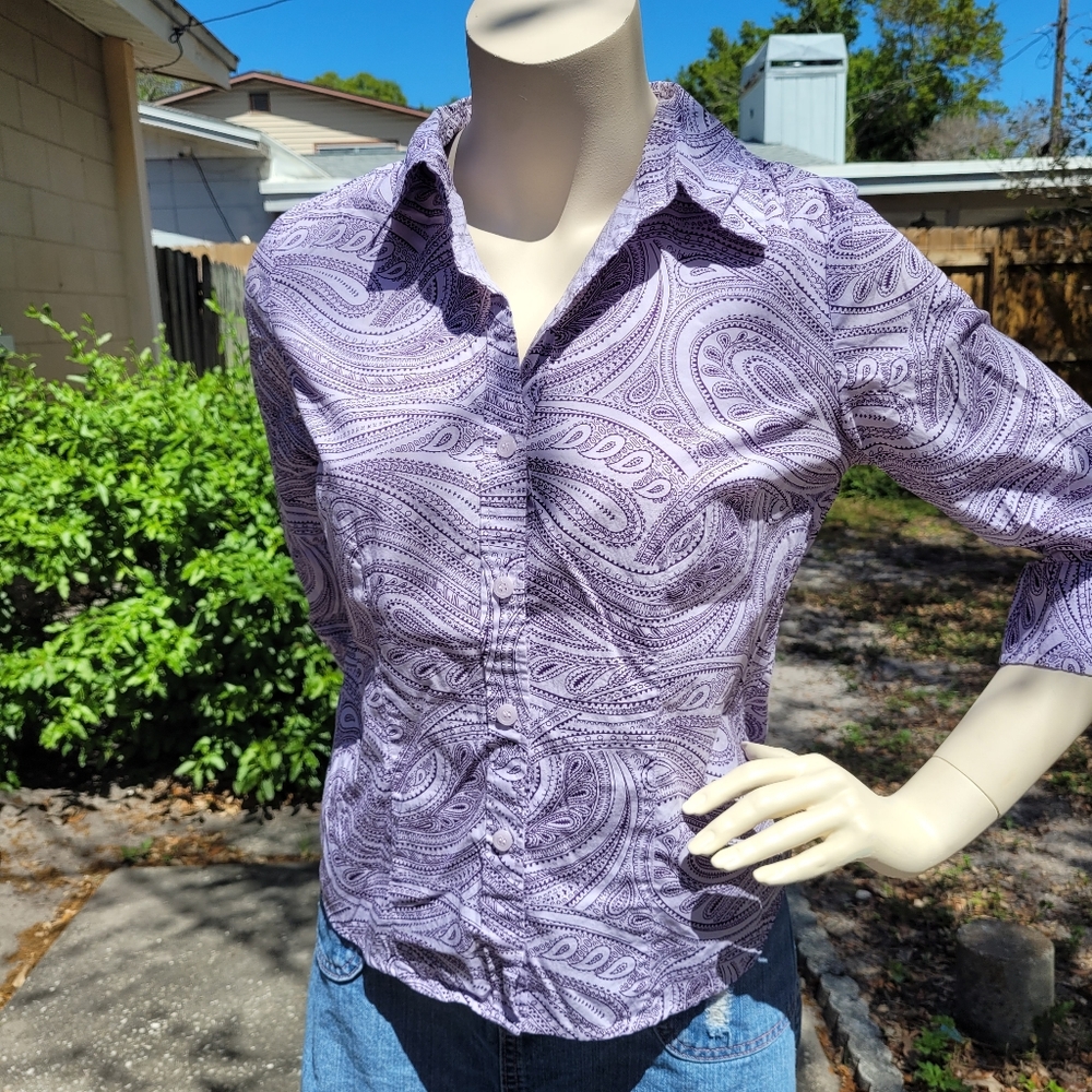 Style & Co Petite: Purple Paisley 3/4 Sleeve, Deep-Cut Button-Down Top, Size 8P